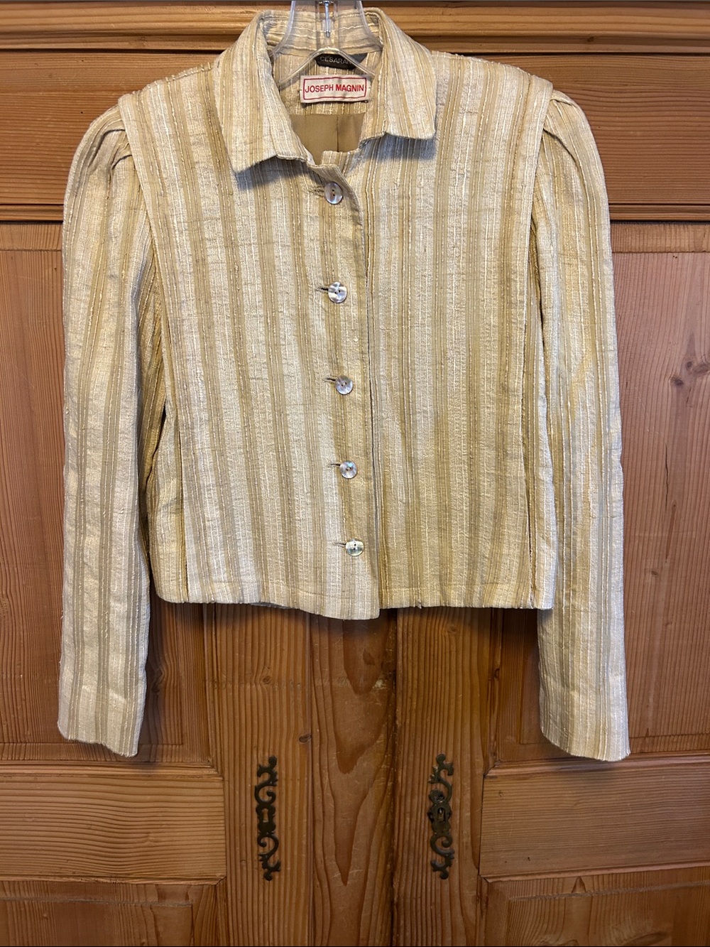 Vintage Joseph Magnin Cesarani Women's Cream Striped Textured Woven Silk Blazer